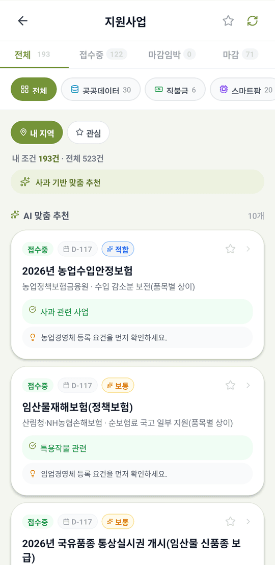 맞춤 지원사업 — 내 조건 196건, AI 적합도 배지